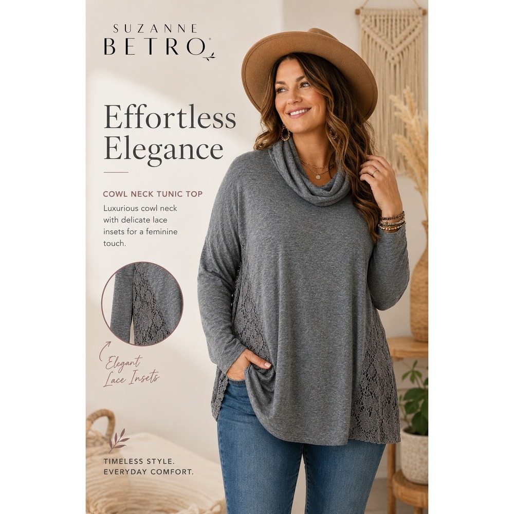NEW Suzanne Betro Gray Lace Detail Cowl Neck Tunic Top Plus Size 4X‎